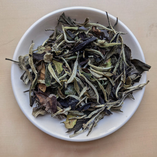 white tea in a white ceramic dish. The tea itself is actually multicolored, with flecks of green, black, silver, and red.
